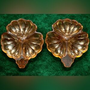 Jeannette Marigold Carnival Glass Leaf Dishes (Set of 2) 1930s Depression Glass